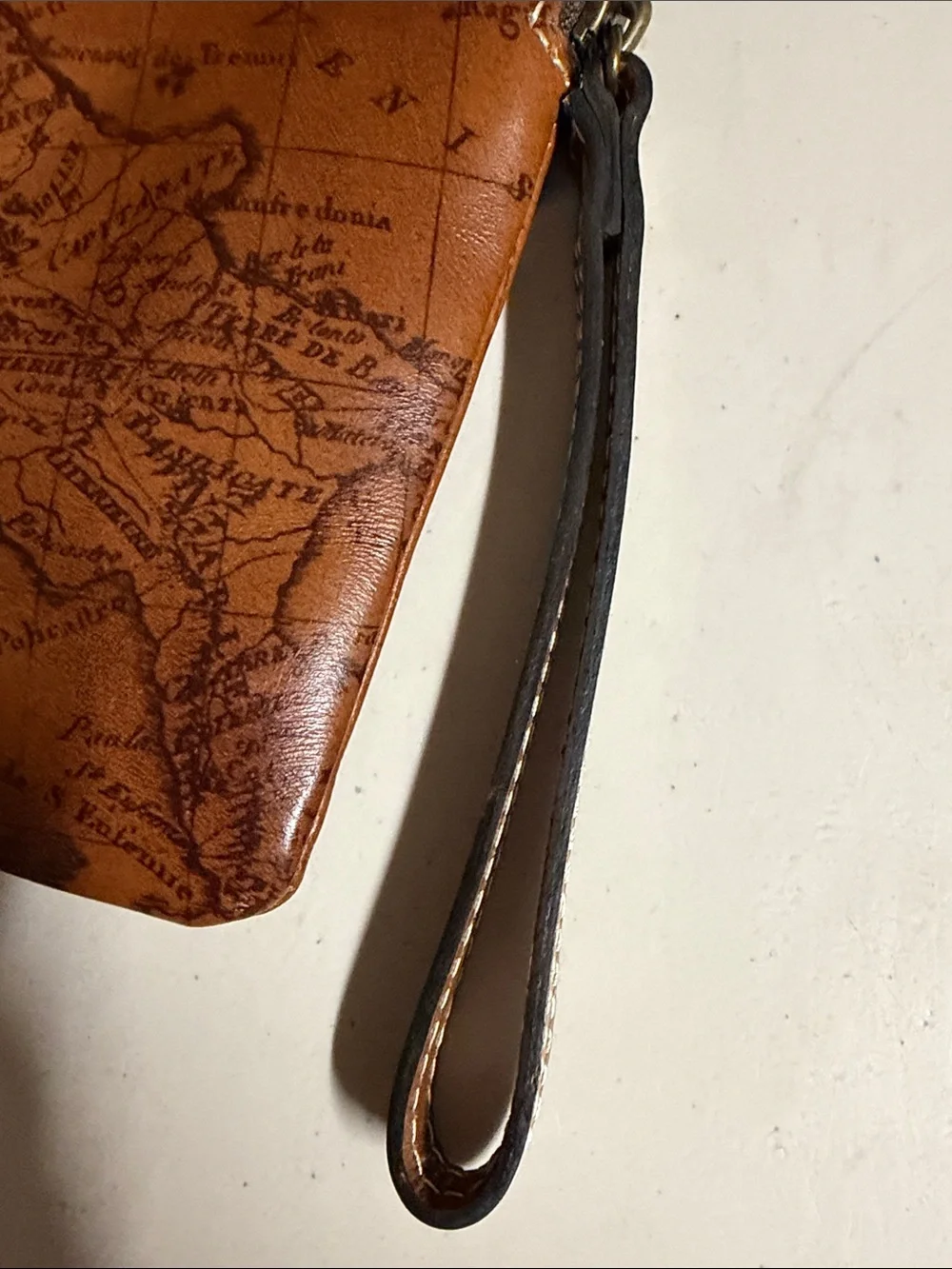 Patricia Nash Tan Cognac Map-Print Leather Zip Wristlet